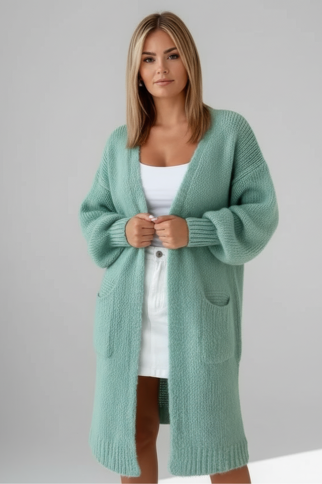 Long Knitted Cardigan - Soft Knit Sweater with Pockets Green