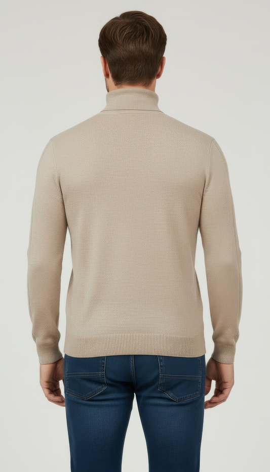 Pure Merino Roll Neck Jumper – Classic Warm Pullover Beige Back