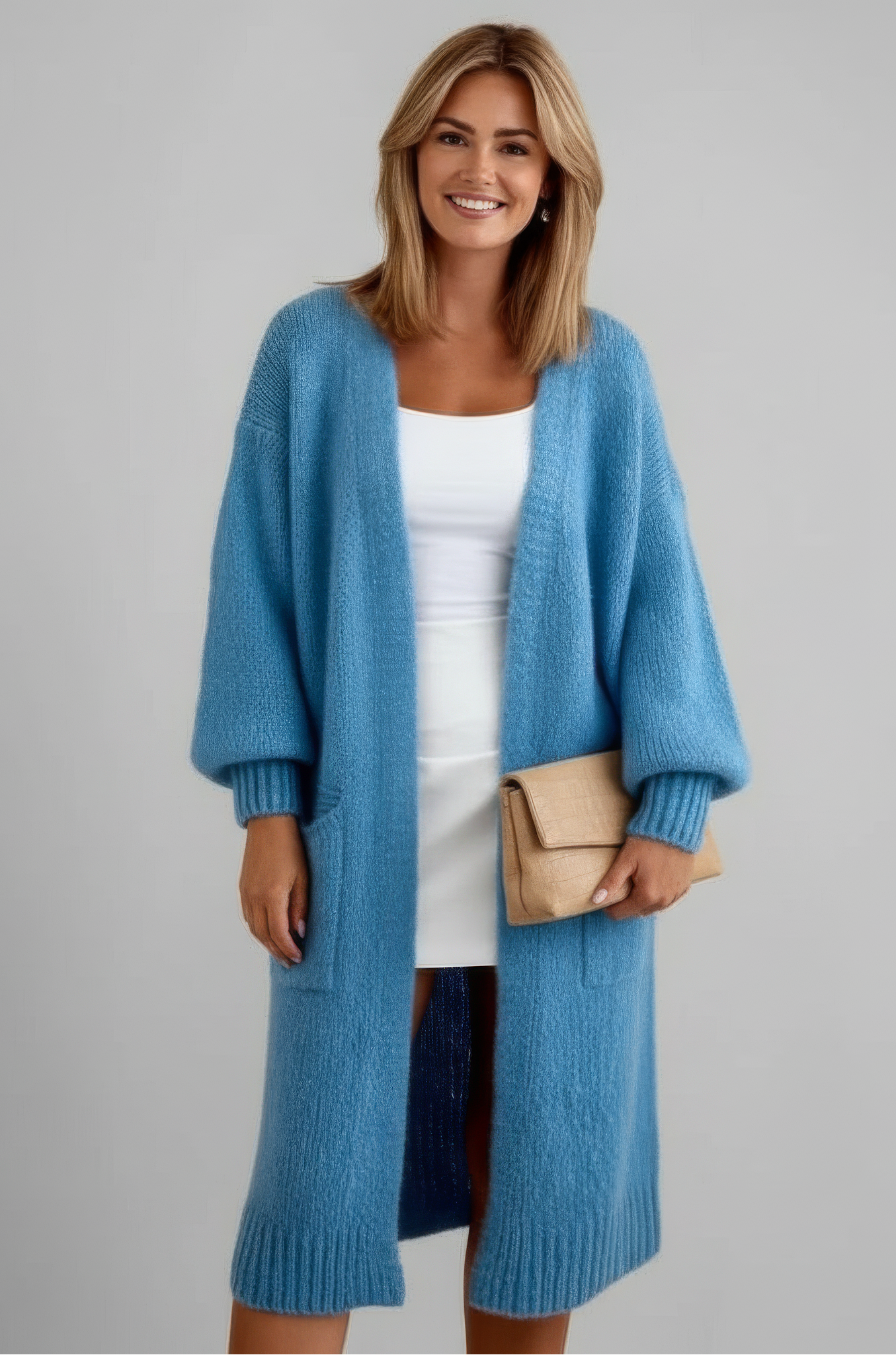 Long Knitted Cardigan - Soft Knit Sweater with Pockets Blue
