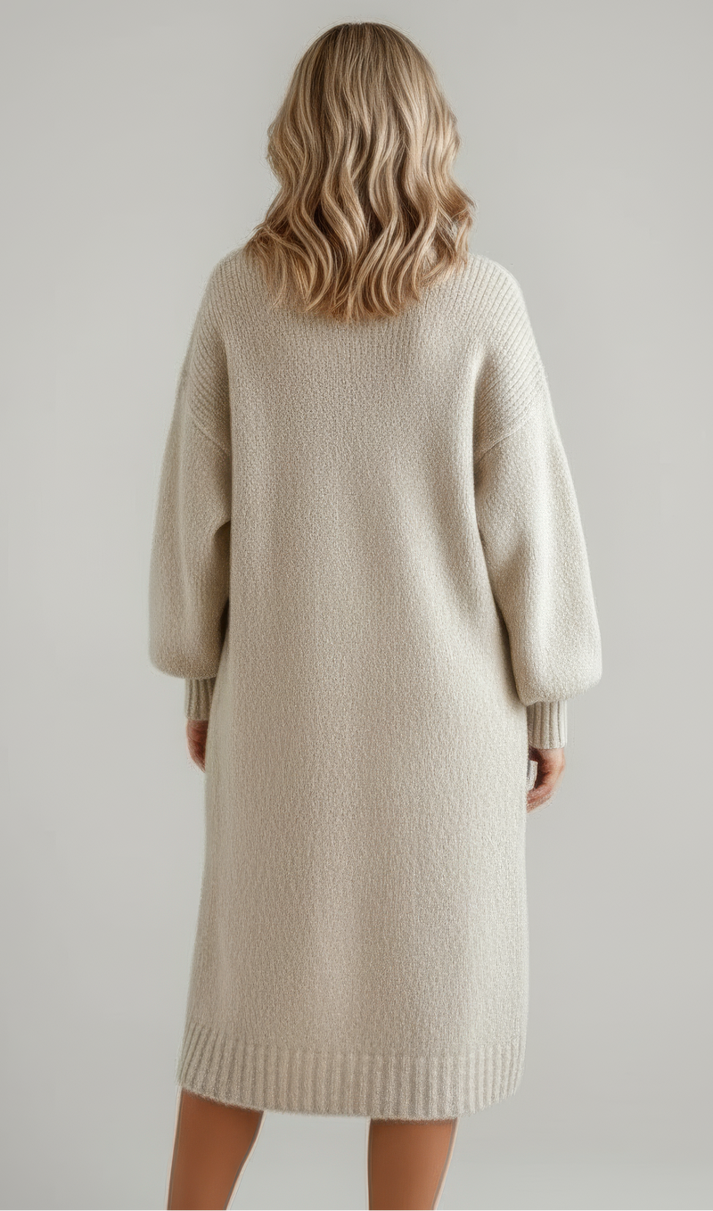 Long Knitted Cardigan - Soft Knit Sweater with Pockets Khaki back