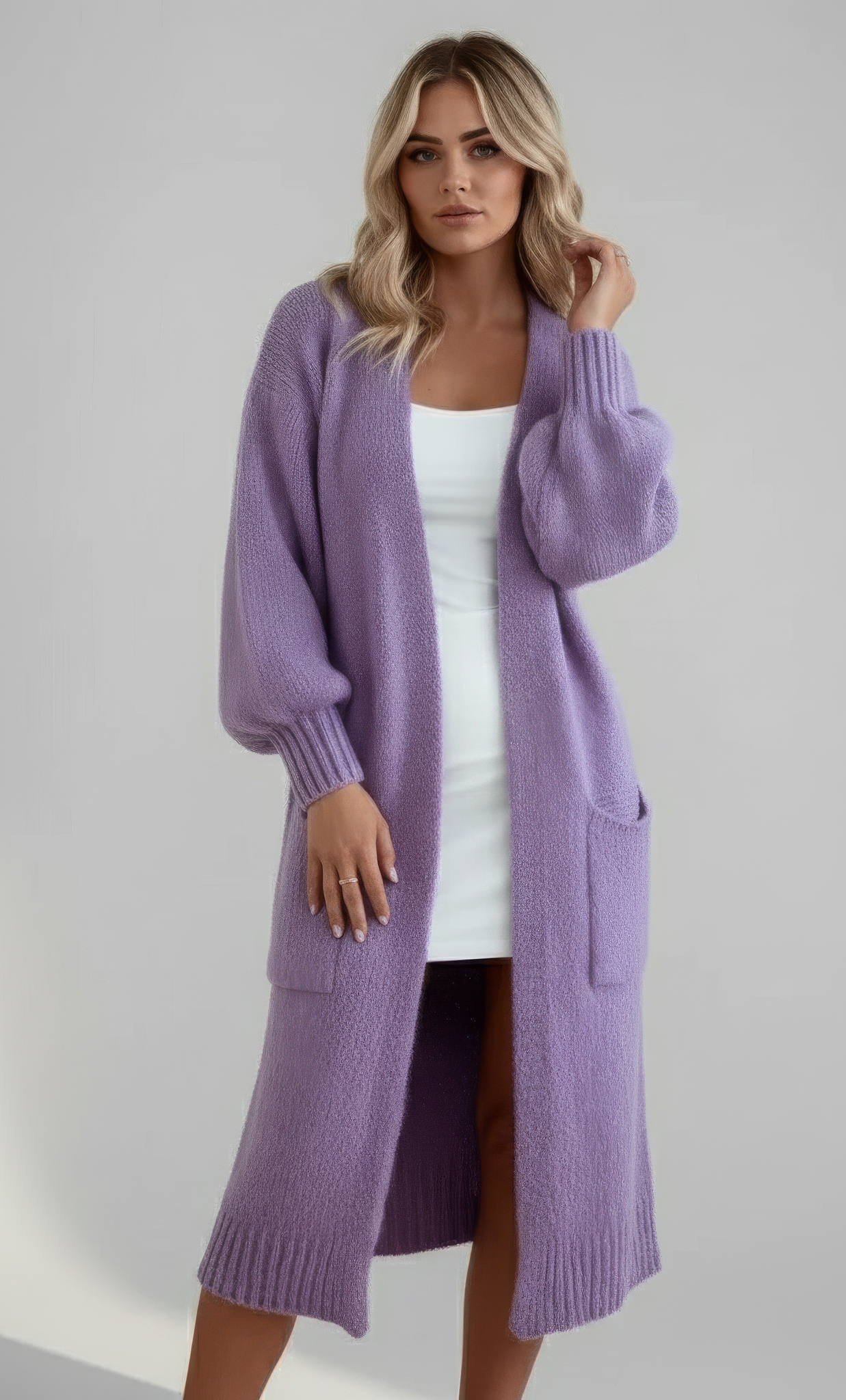 Long Knitted Cardigan - Soft Knit Sweater with Pockets Purple