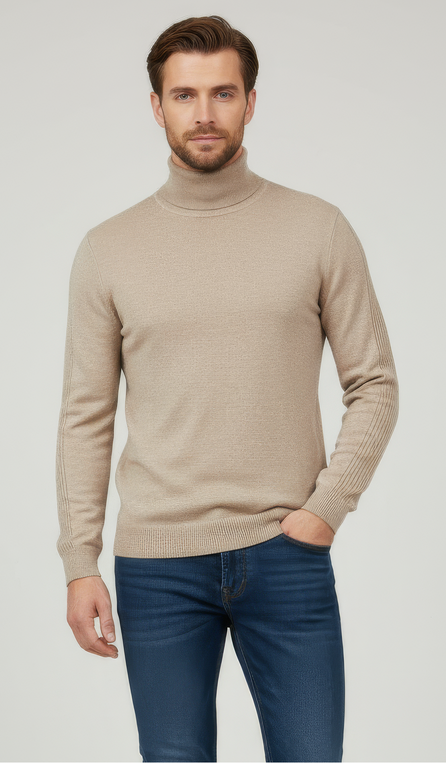 Pure Merino Roll Neck Jumper – Classic Warm Pullover Beige