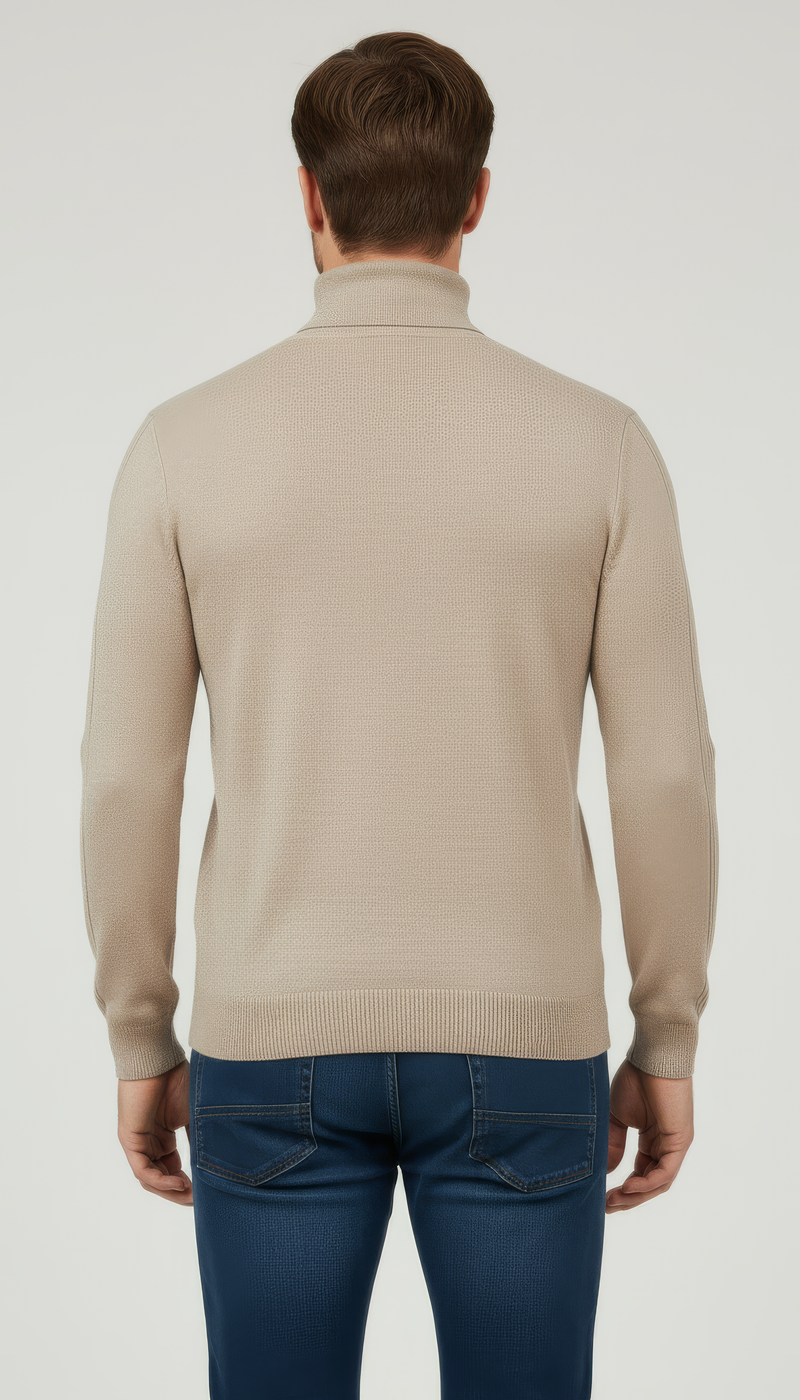 Pure Merino Roll Neck Jumper – Classic Warm Pullover Beige Back