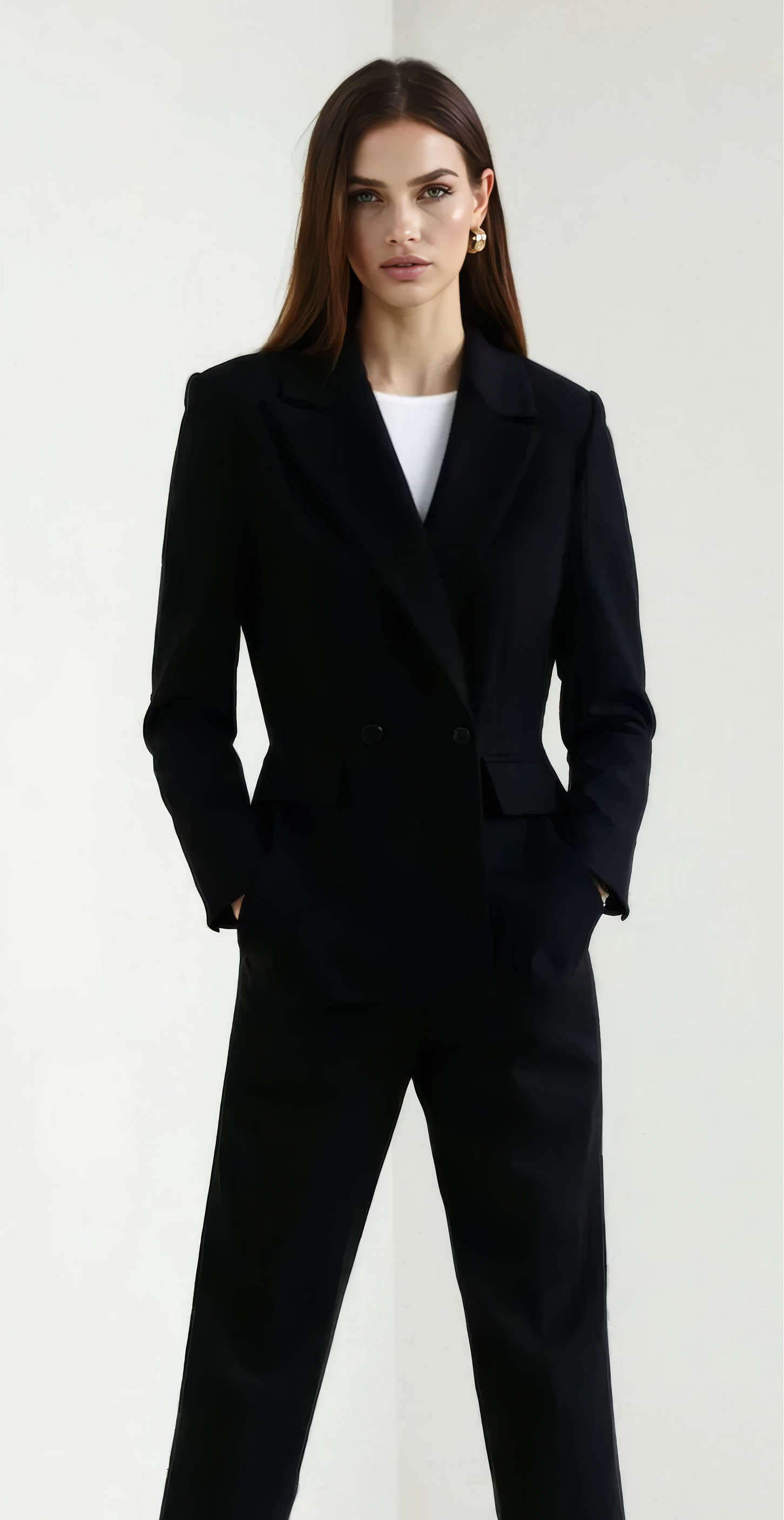 Woman wearing a black suit with a white shirt on a plain background