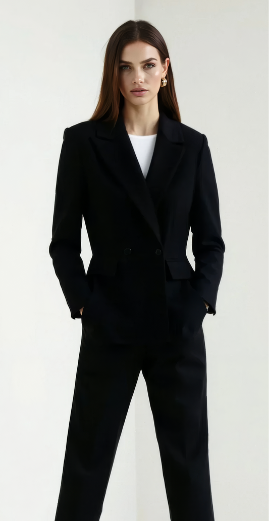 Woman wearing a black suit with a white shirt on a plain background