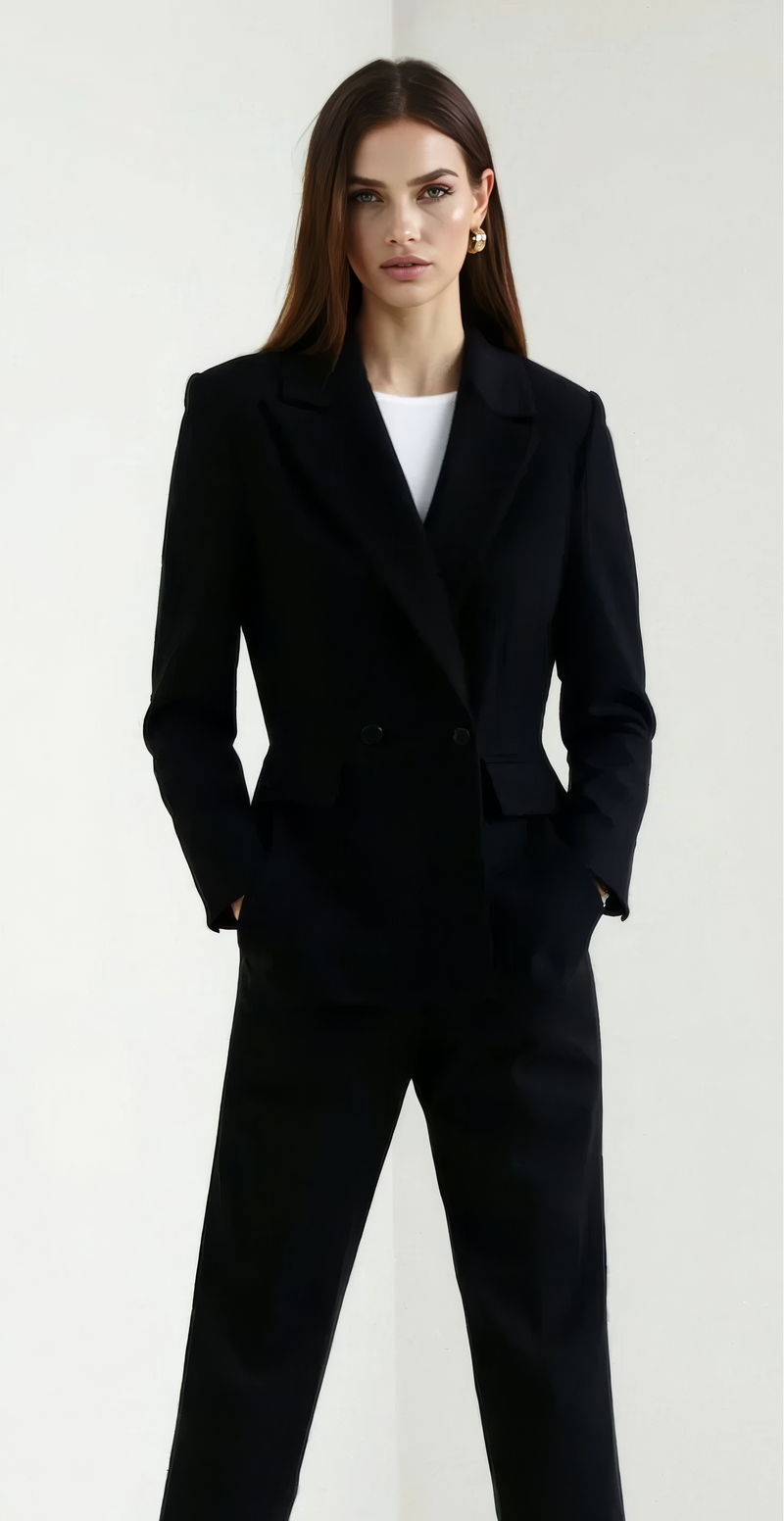 Woman wearing a black suit with a white shirt on a plain background