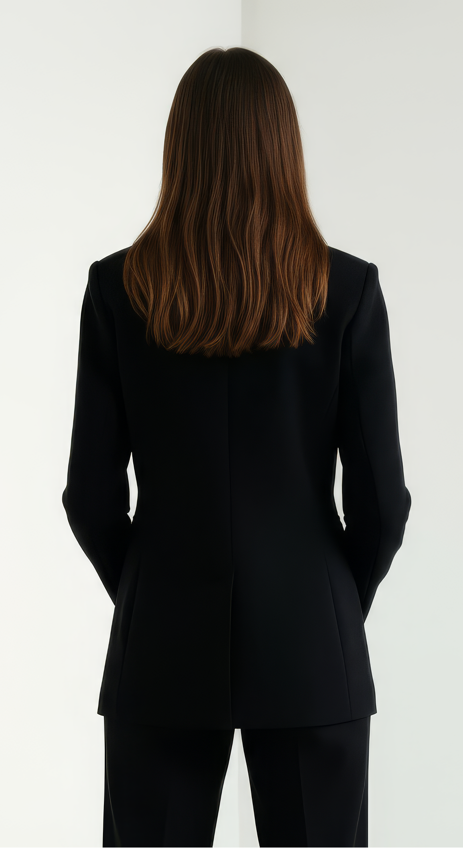 Person wearing a black suit against a white background