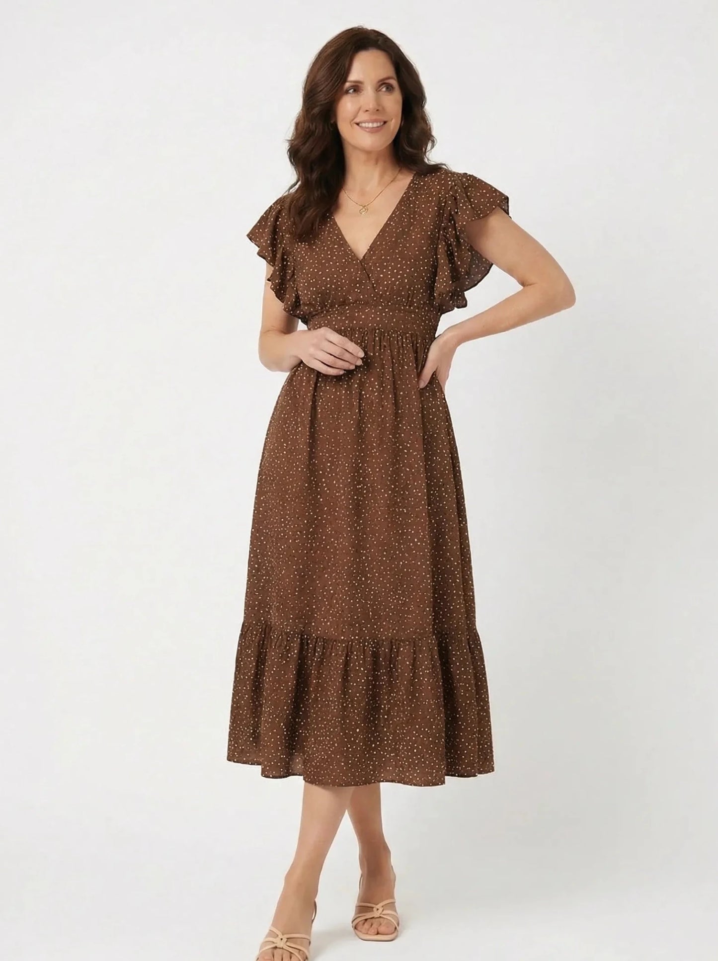 Stonebrook Studio - Stonebrook Studio | Women’s Brown Floral Midi Dress - Classic Elegant Everyday Wear