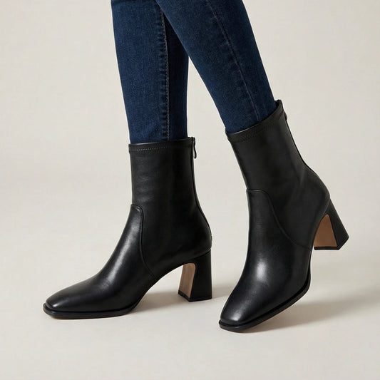 Stonebrook Studio - Stonebrook Studio | Women’s Leather High Heel Ankle Boots - Square Toe Zip