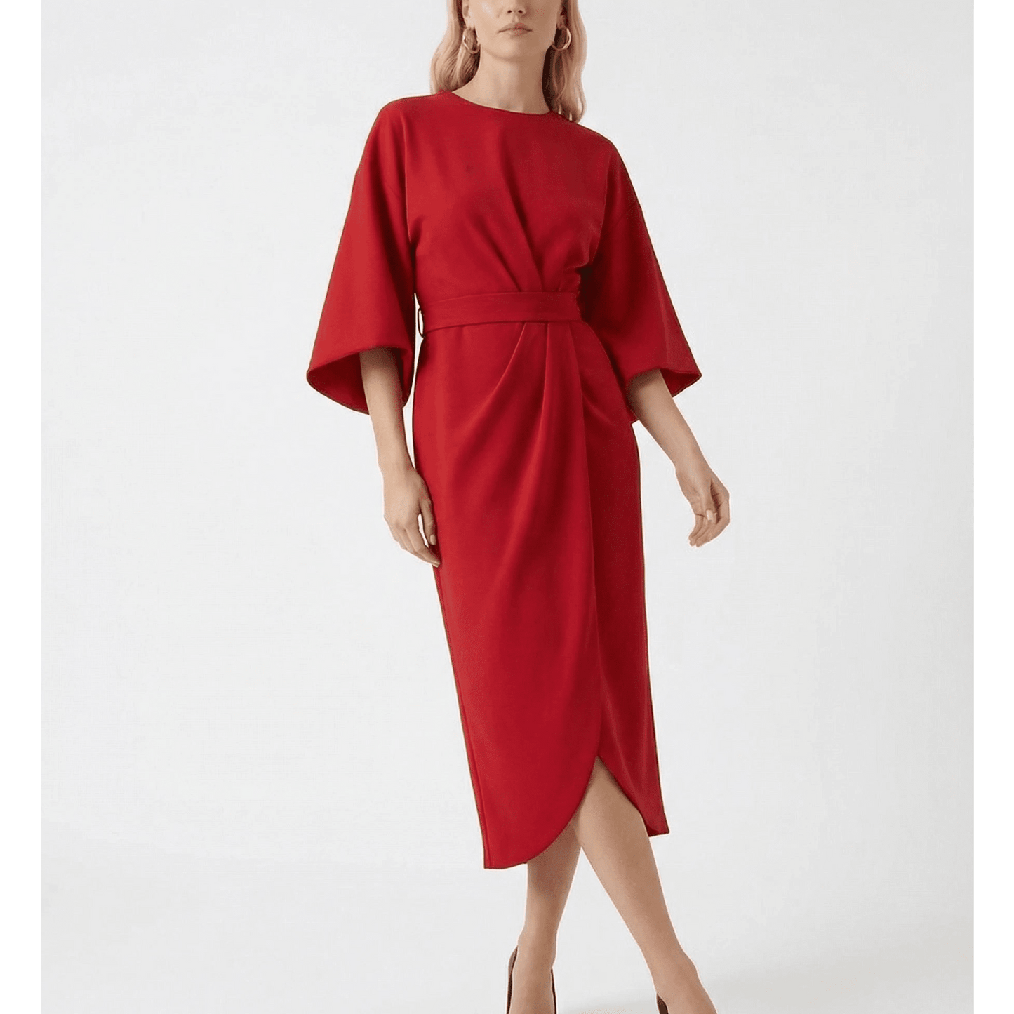 Stonebrook Studio - Stonebrook Studio | Women’s Batwing Sleeve Midi Dress Elegant - High Waist Belted