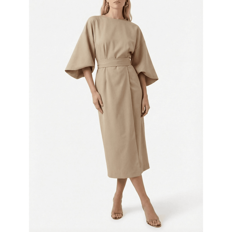Stonebrook Studio - Stonebrook Studio | Women’s Batwing Sleeve Midi Dress Elegant - High Waist Belted