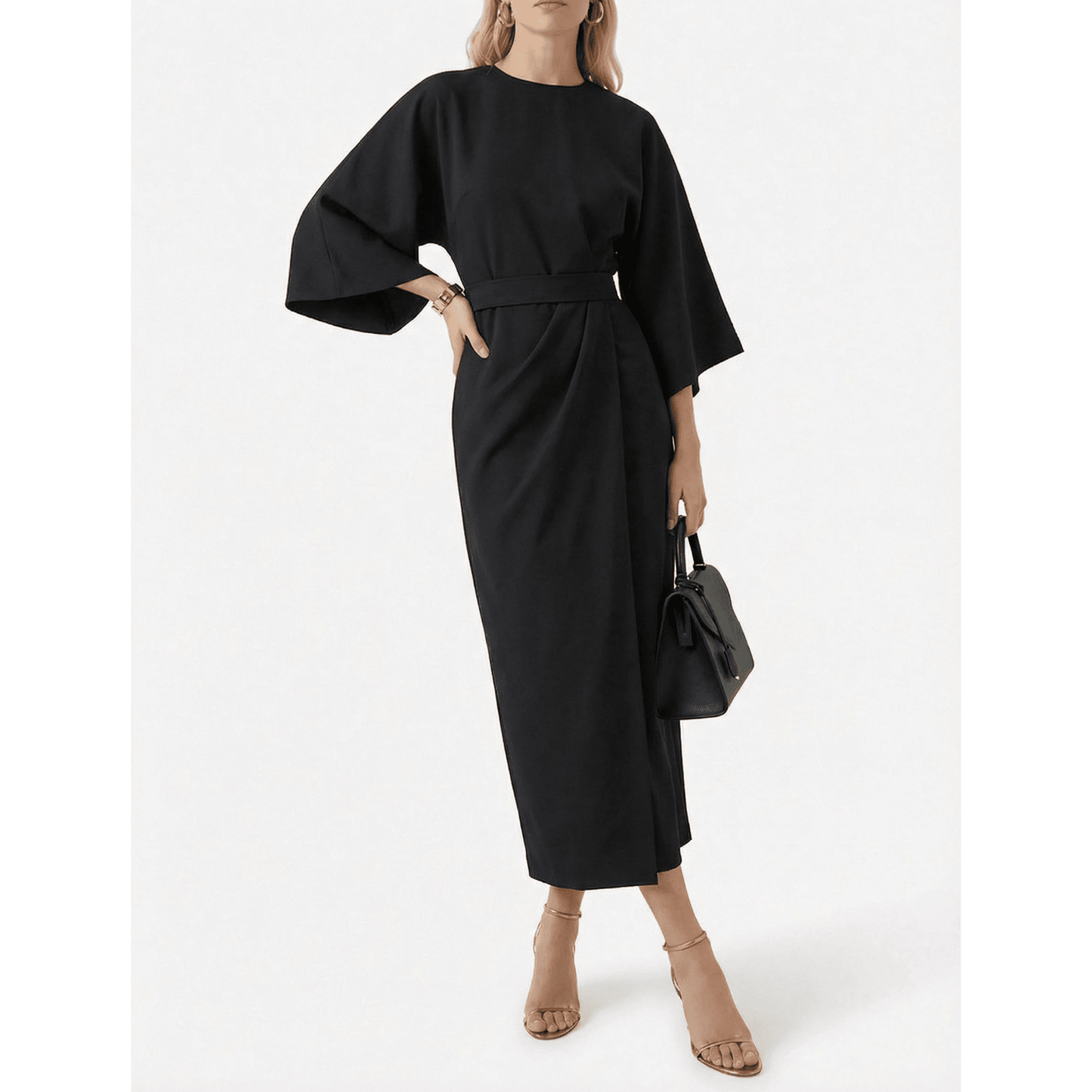 Stonebrook Studio - Stonebrook Studio | Women’s Batwing Sleeve Midi Dress Elegant - High Waist Belted