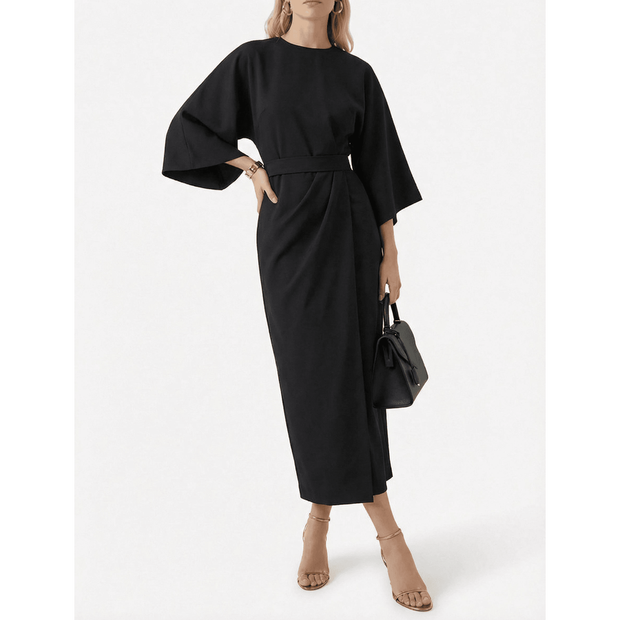 Stonebrook Studio - Stonebrook Studio | Women’s Batwing Sleeve Midi Dress Elegant - High Waist Belted