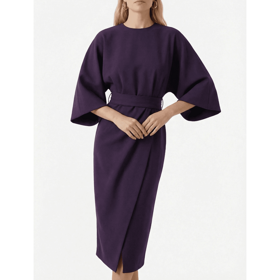 Stonebrook Studio - Stonebrook Studio | Women’s Batwing Sleeve Midi Dress Elegant - High Waist Belted