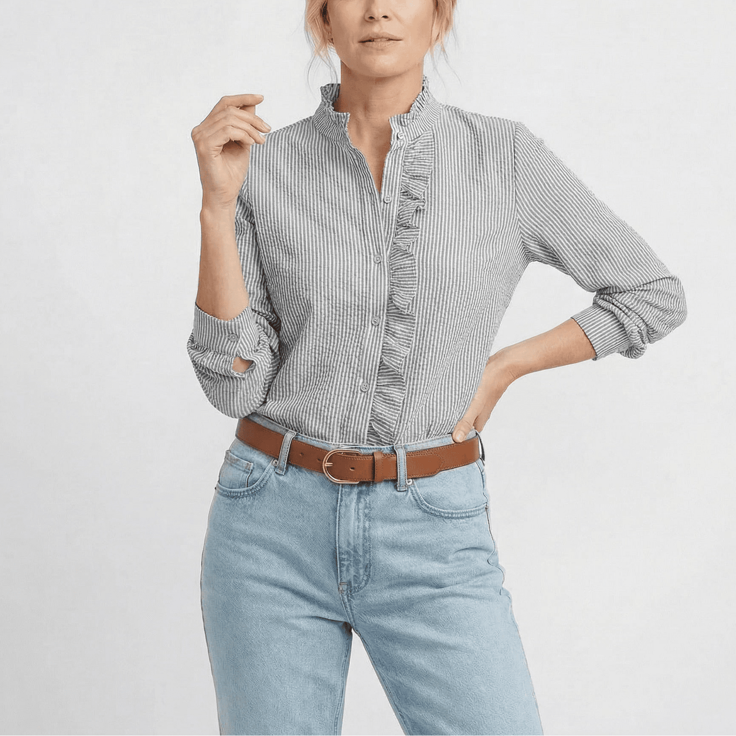 Stonebrook Studio - Stonebrook Studio | Women’s Ruffle - Trim Textured Seersucker Lightweight Summer Blouse