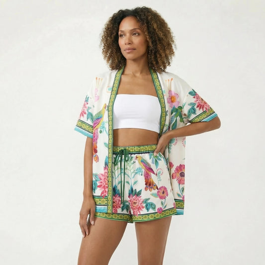 Stonebrook Studio - Stonebrook Studio | Women’s Short Sleeve Cardigan And Shorts Set - Printed Summer Style
