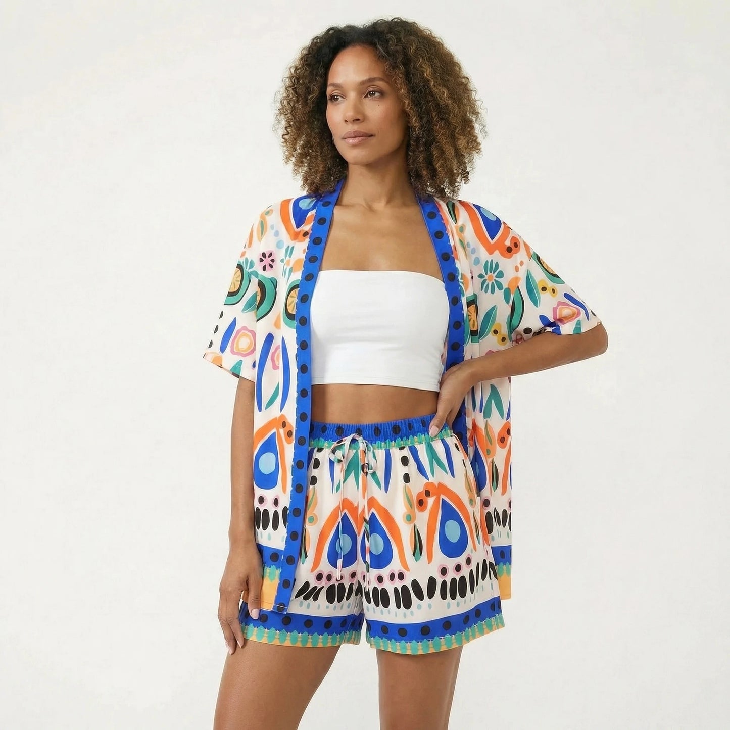 Stonebrook Studio - Stonebrook Studio | Women’s Short Sleeve Cardigan And Shorts Set - Printed Summer Style