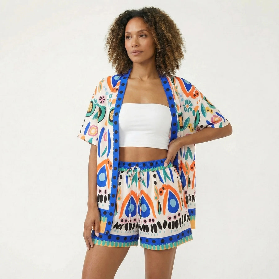 Stonebrook Studio - Stonebrook Studio | Women’s Short Sleeve Cardigan And Shorts Set - Printed Summer Style