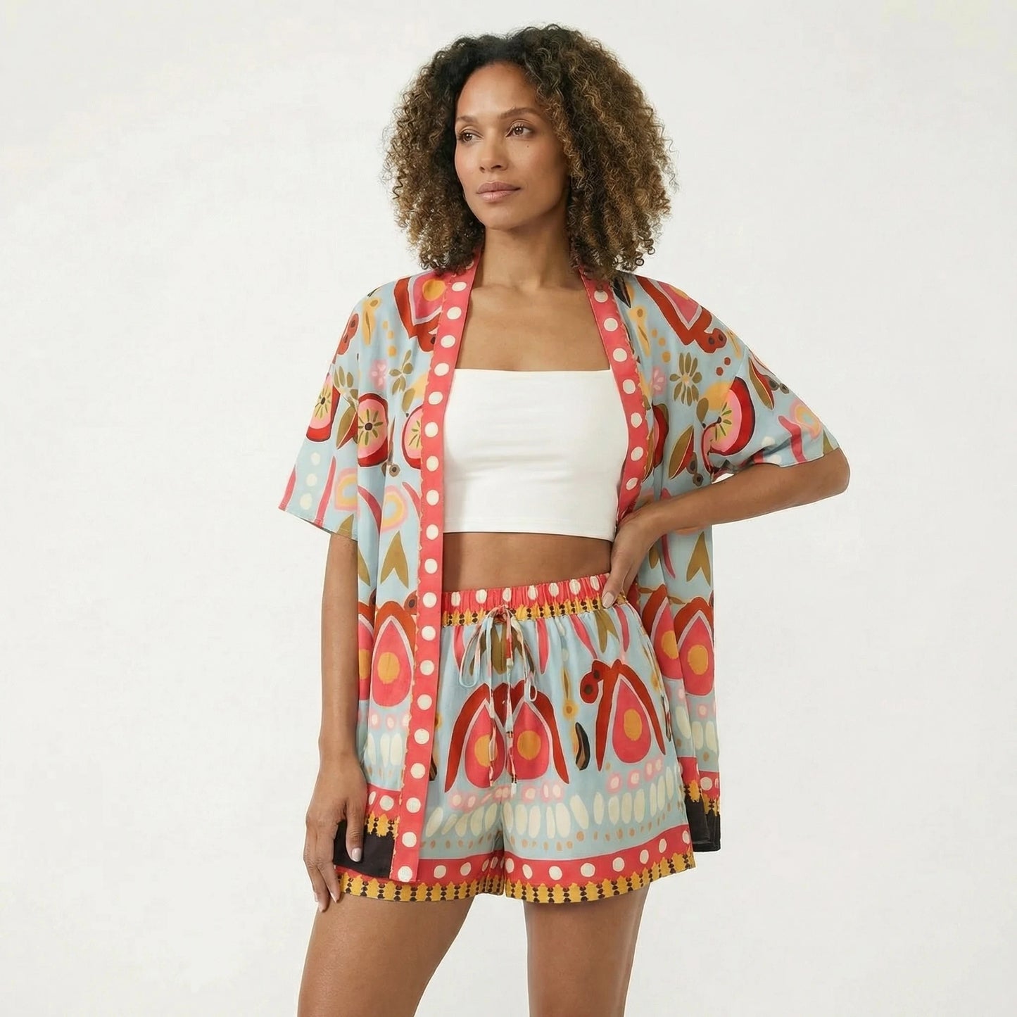 Stonebrook Studio - Stonebrook Studio | Women’s Short Sleeve Cardigan And Shorts Set - Printed Summer Style