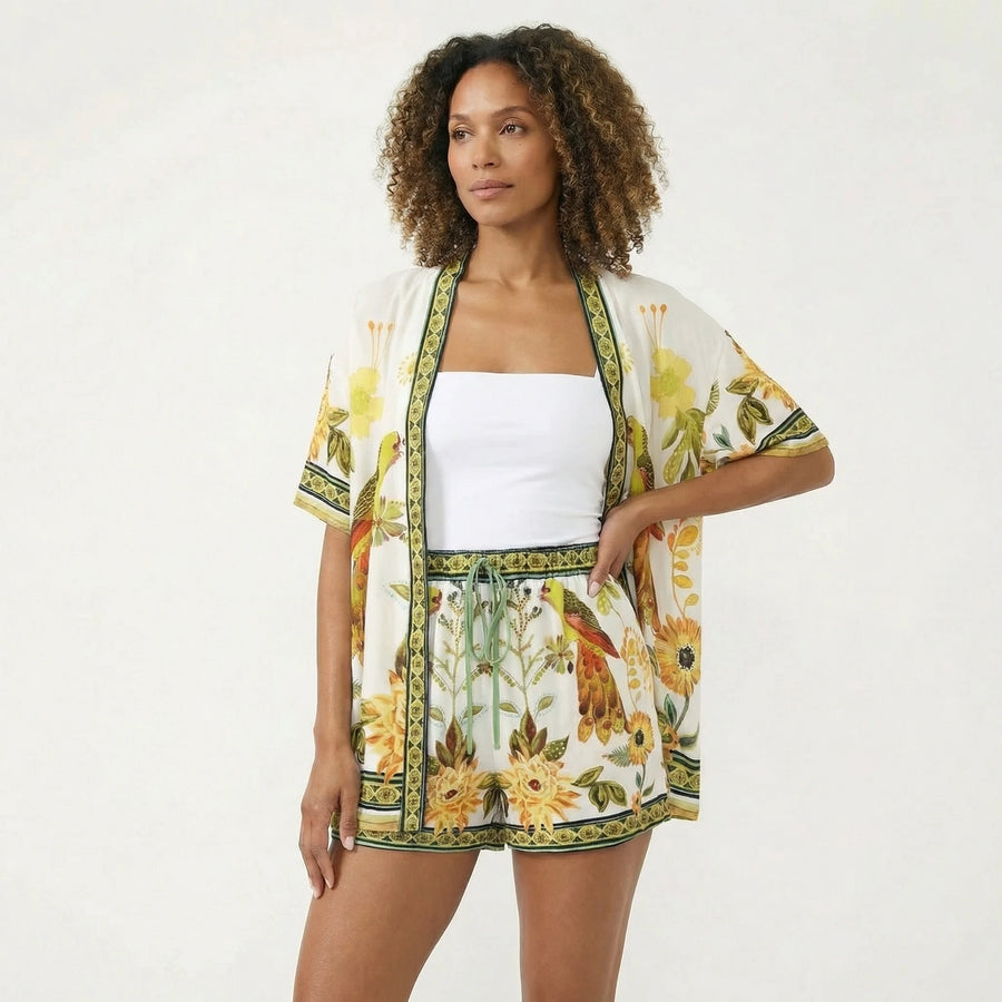 Stonebrook Studio - Stonebrook Studio | Women’s Short Sleeve Cardigan And Shorts Set - Printed Summer Style