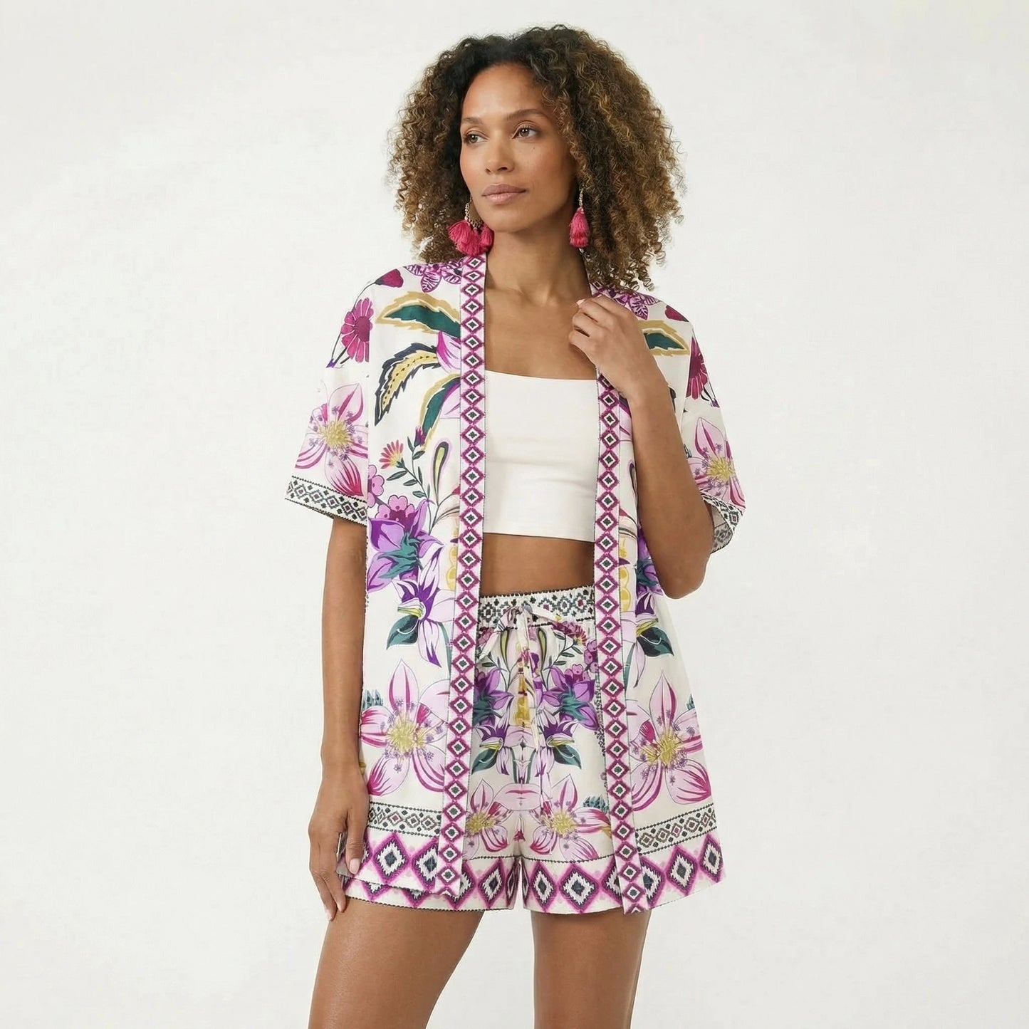 Stonebrook Studio - Stonebrook Studio | Women’s Short Sleeve Cardigan And Shorts Set - Printed Summer Style