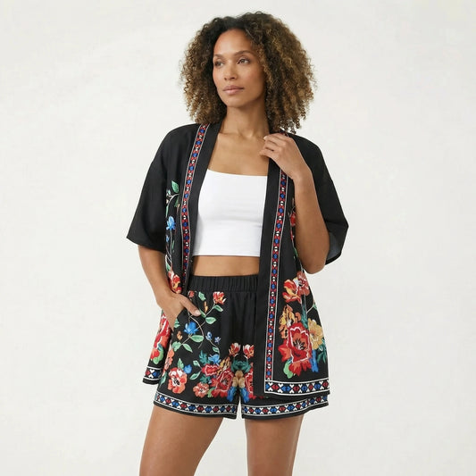 Stonebrook Studio - Stonebrook Studio | Women’s Short Sleeve Cardigan And Shorts Set - Printed Summer Style