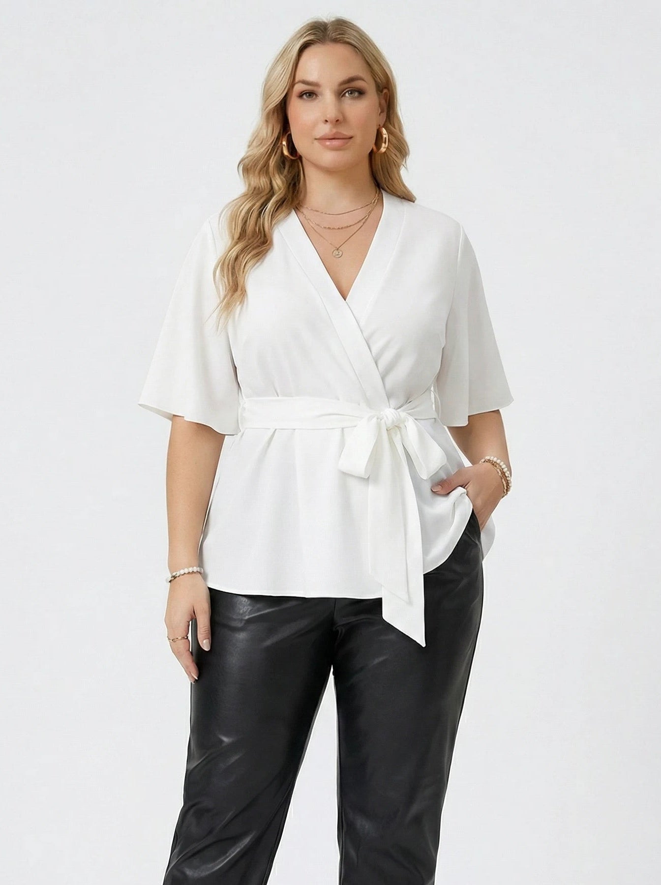 Stonebrook Studio - Stonebrook Studio | Women’s Elegant Knotted Front Asymmetrical Blouse - V - Neck Top