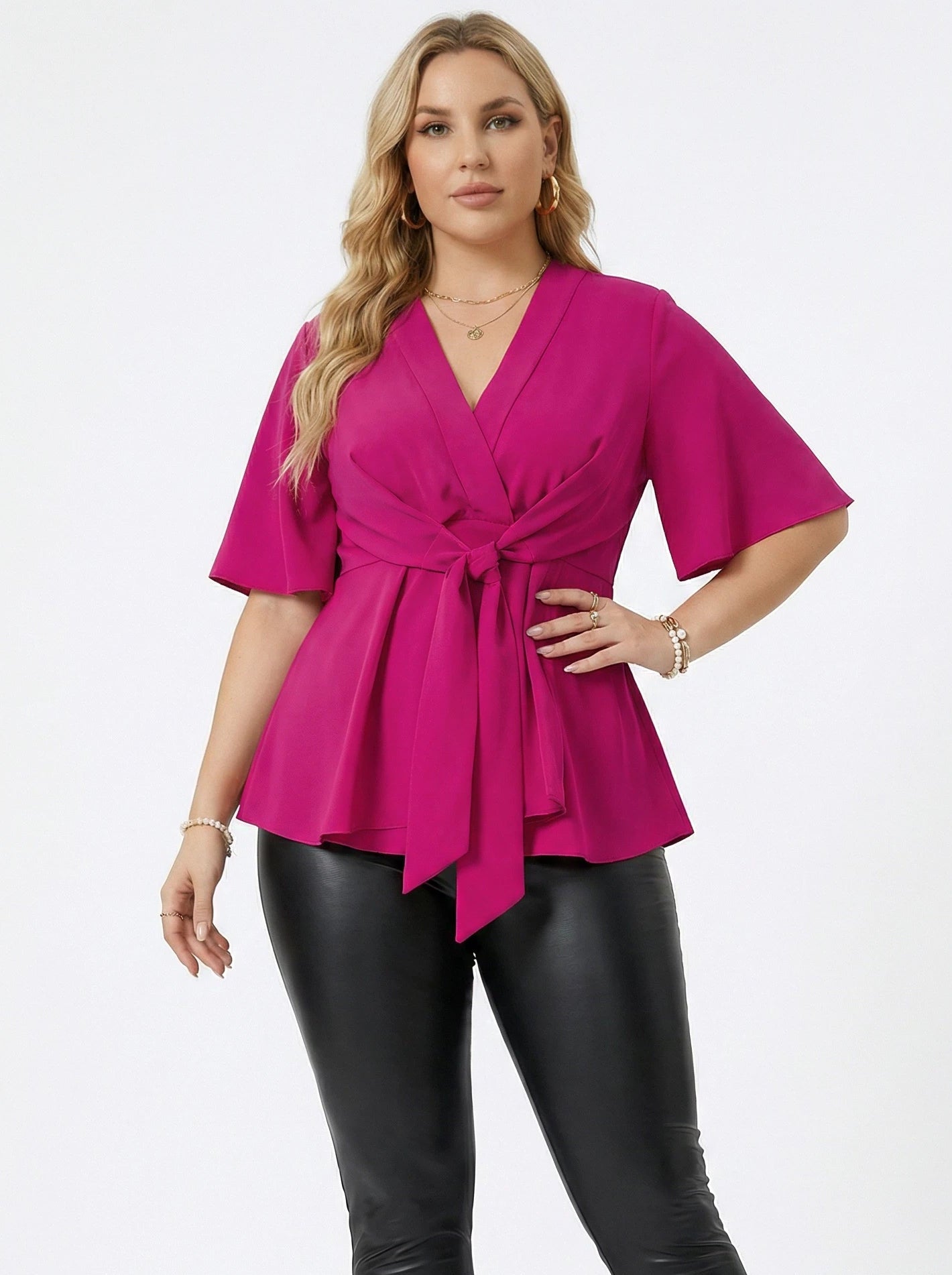 Stonebrook Studio - Stonebrook Studio | Women’s Elegant Knotted Front Asymmetrical Blouse - V - Neck Top