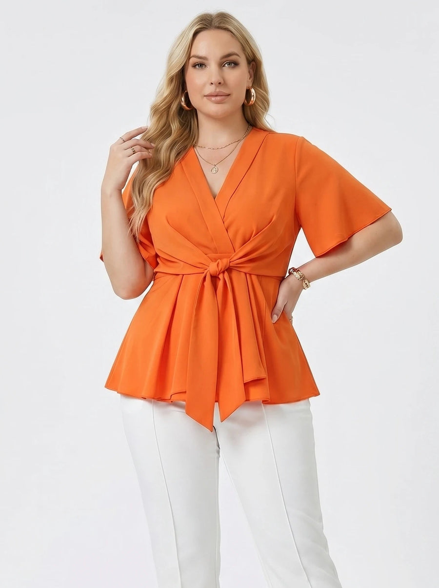 Stonebrook Studio - Stonebrook Studio | Women’s Elegant Knotted Front Asymmetrical Blouse - V - Neck Top