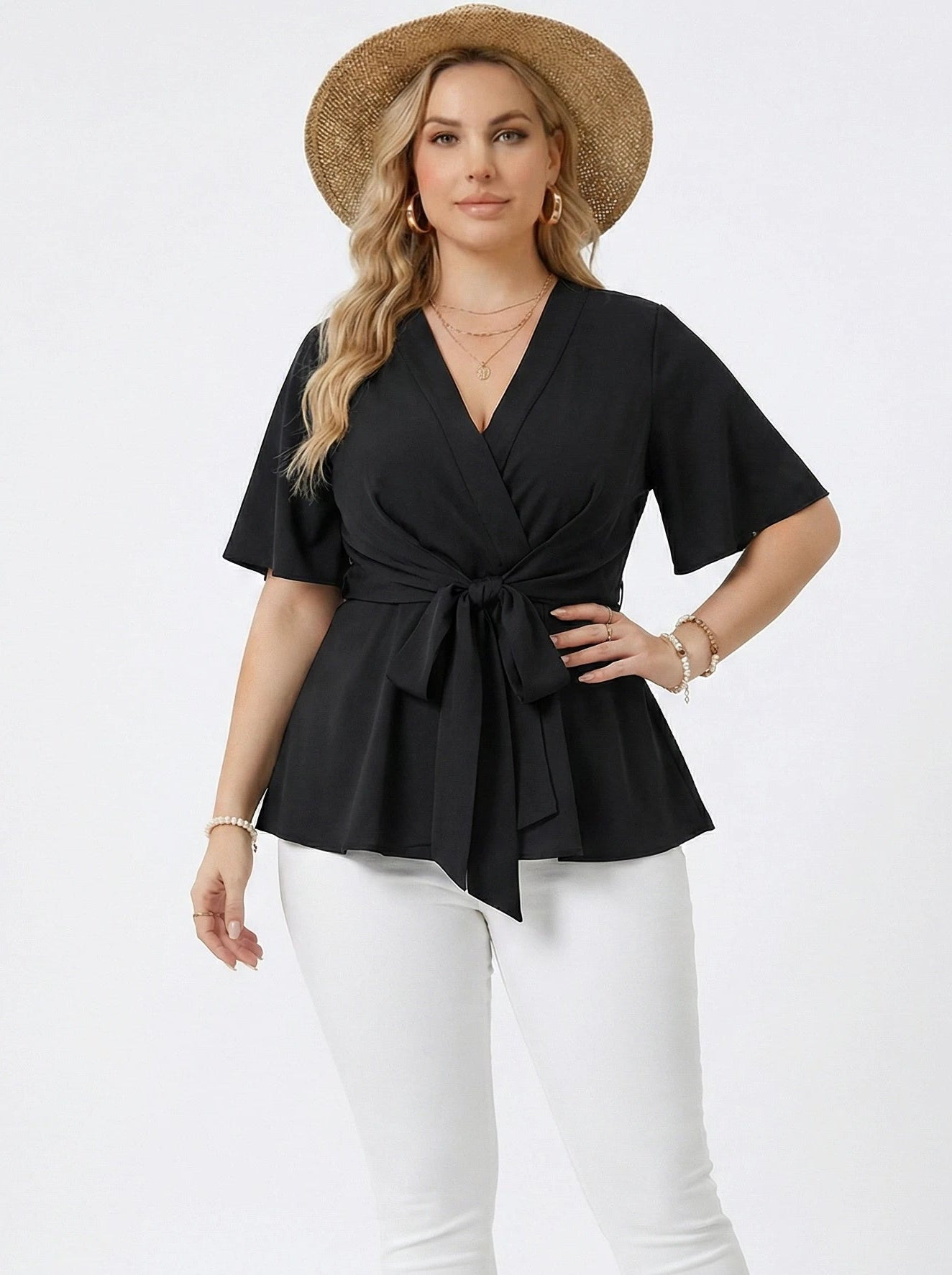 Stonebrook Studio - Stonebrook Studio | Women’s Elegant Knotted Front Asymmetrical Blouse - V - Neck Top