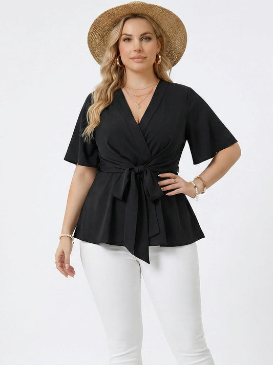 Stonebrook Studio - Stonebrook Studio | Women’s Elegant Knotted Front Asymmetrical Blouse - V - Neck Top