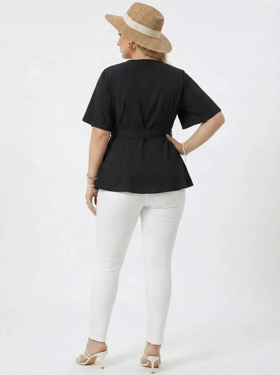 Stonebrook Studio - Stonebrook Studio | Women’s Elegant Knotted Front Asymmetrical Blouse - V - Neck Top