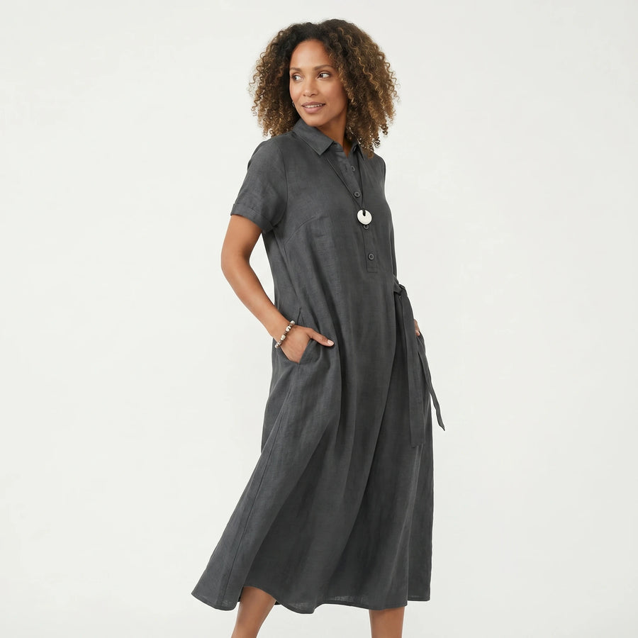 Stonebrook Studio - Stonebrook Studio | Women’s Loose Fit Midi Dress Linen Look - Short Sleeve Casual