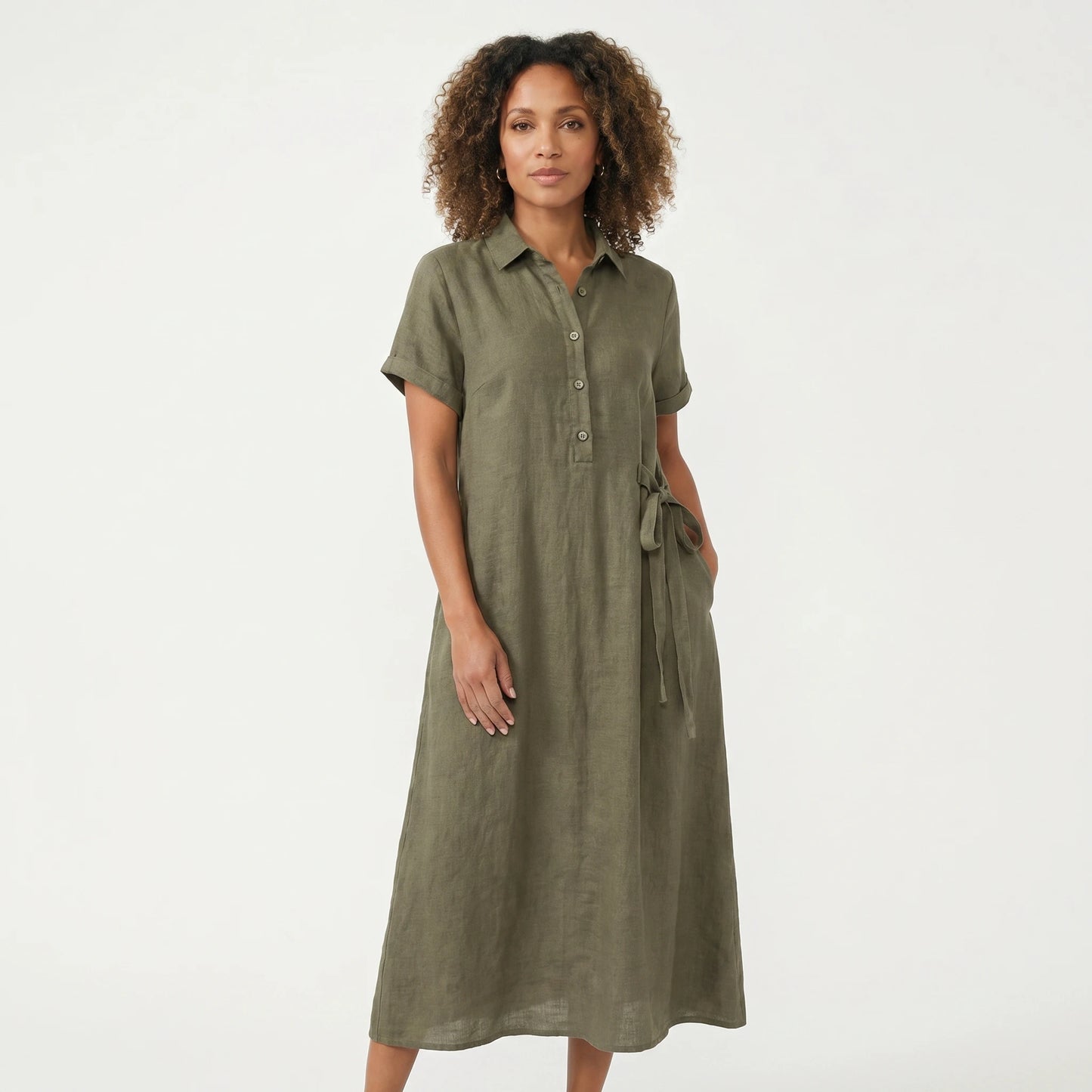 Stonebrook Studio - Stonebrook Studio | Women’s Loose Fit Midi Dress Linen Look - Short Sleeve Casual