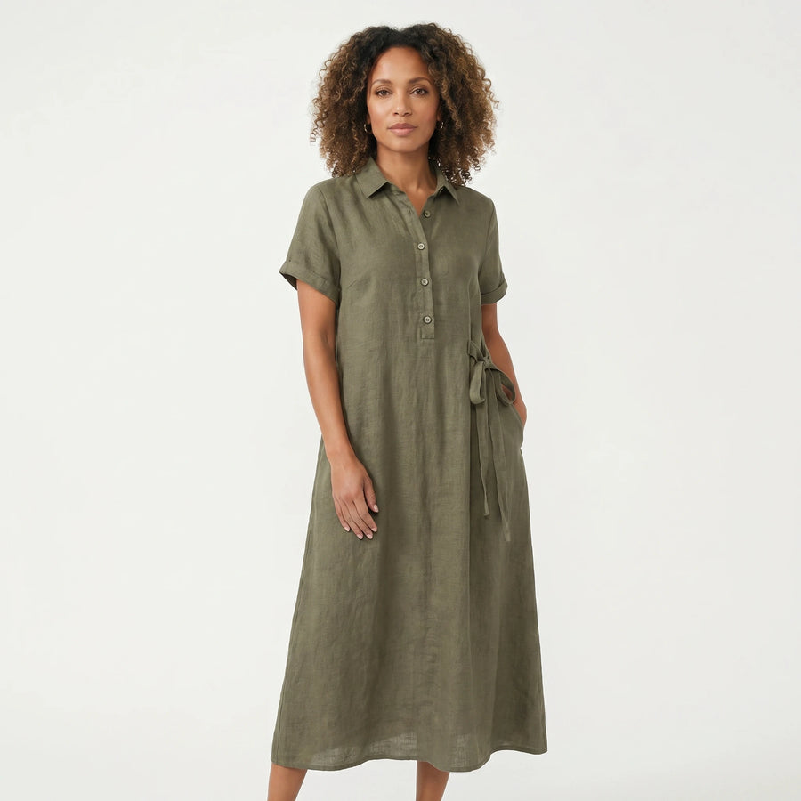 Stonebrook Studio - Stonebrook Studio | Women’s Loose Fit Midi Dress Linen Look - Short Sleeve Casual