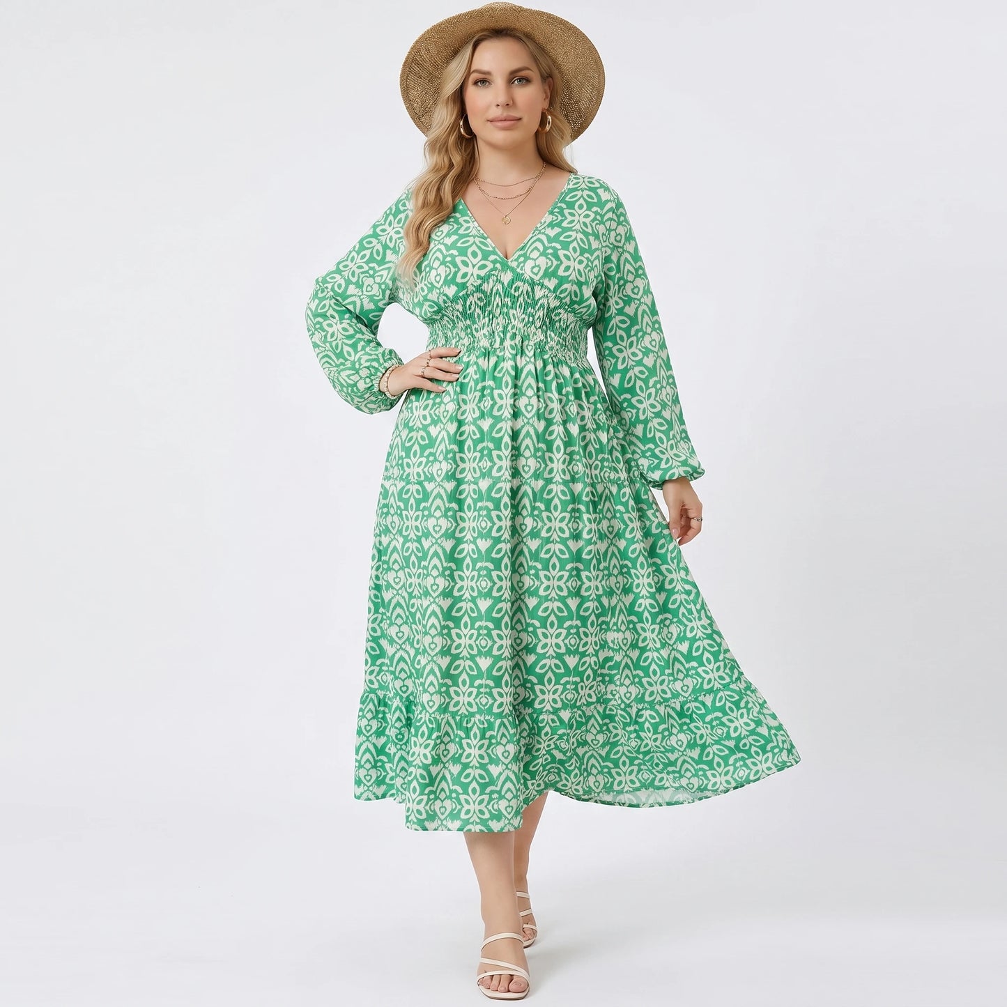 Stonebrook Studio | Women’s Classic Printed Midi Dress Refined V-Neck A-Line Fit