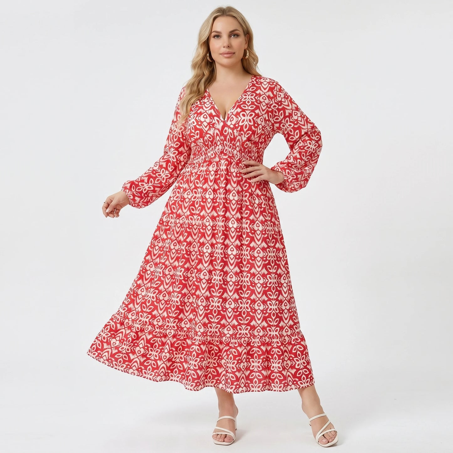 Stonebrook Studio | Women’s Classic Printed Midi Dress Refined V-Neck A-Line Fit