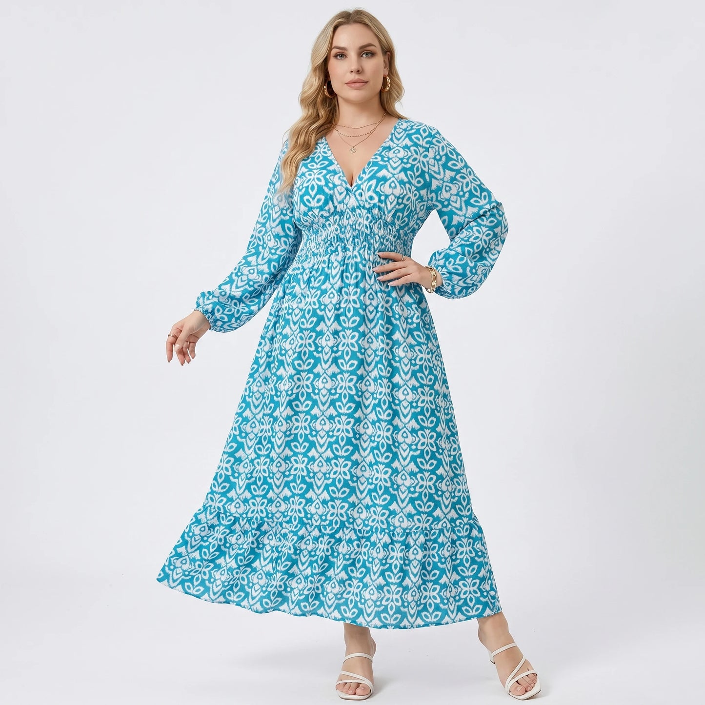 Stonebrook Studio | Women’s Classic Printed Midi Dress Refined V-Neck A-Line Fit