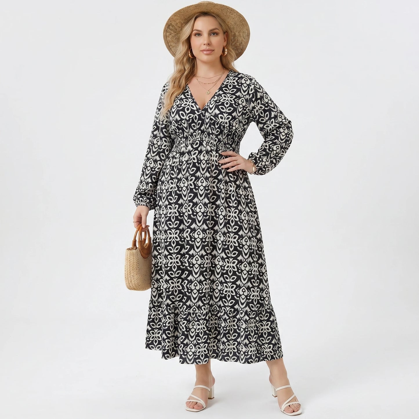 Stonebrook Studio | Women’s Classic Printed Midi Dress Refined V-Neck A-Line Fit