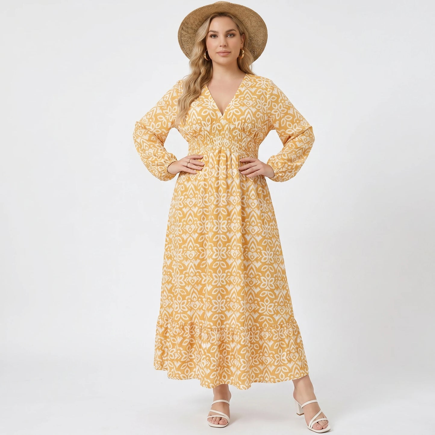 Stonebrook Studio | Women’s Classic Printed Midi Dress Refined V-Neck A-Line Fit